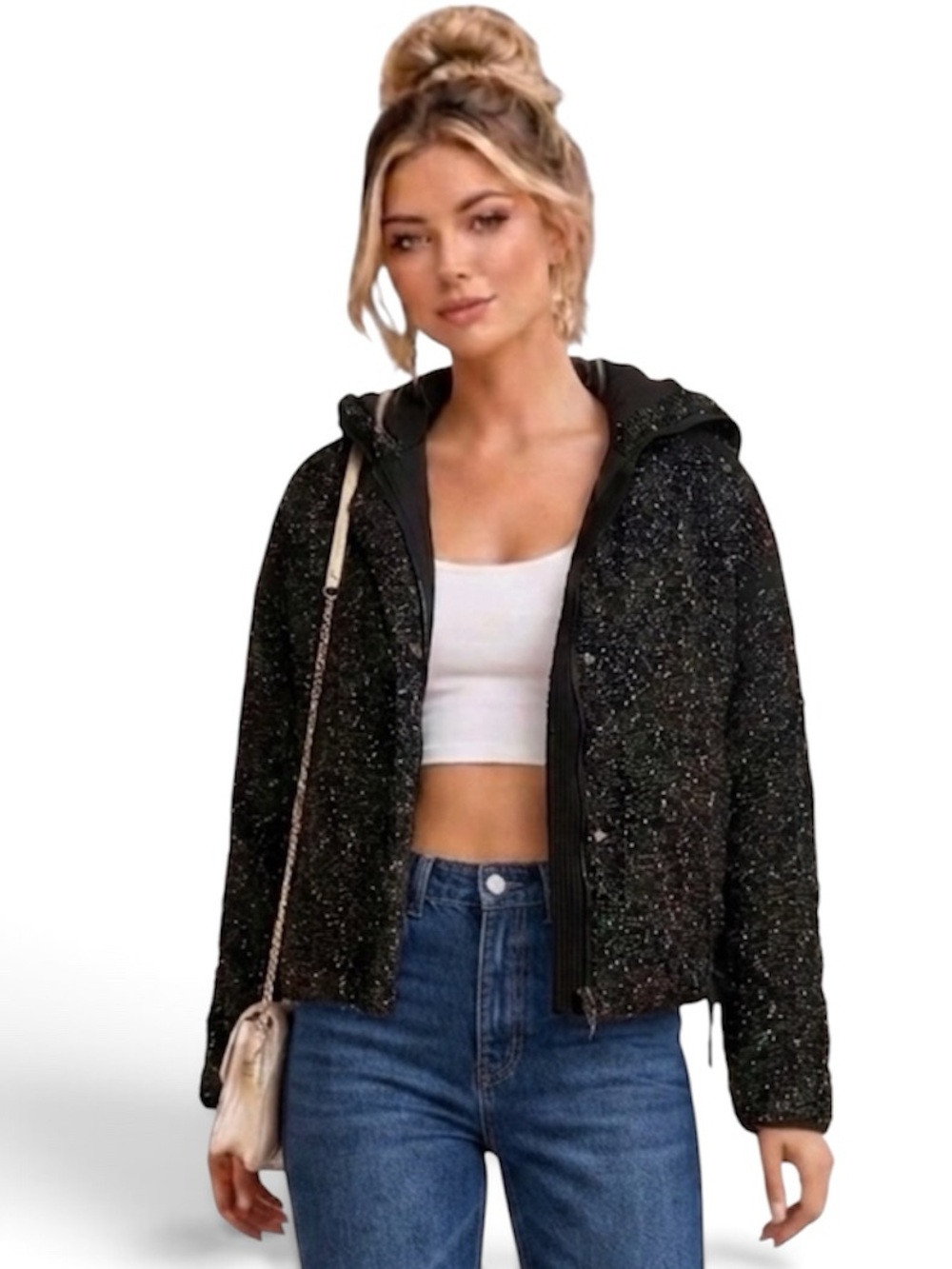 Zara Black Tweed Hooded Cropped Puffer Boucle Jacket Size Medium Streetwear
